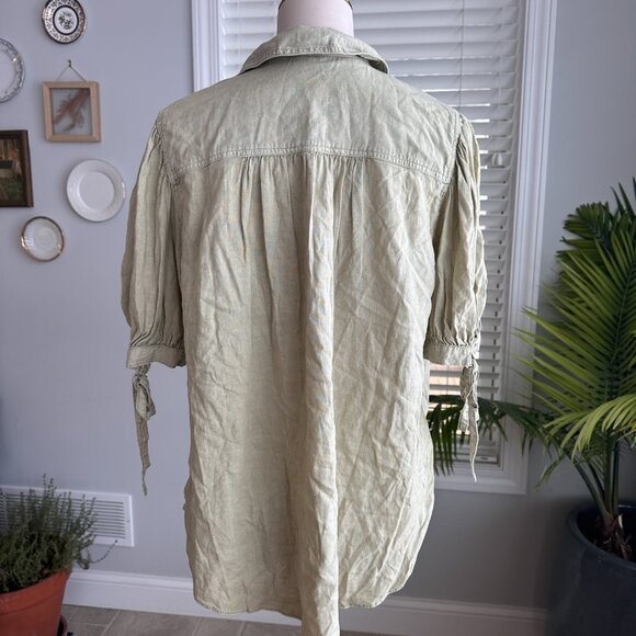 Free People Linen Blend Utility Button Down Blouse with Ties on Puff Sleeve Sz L - Picture 5 of 11